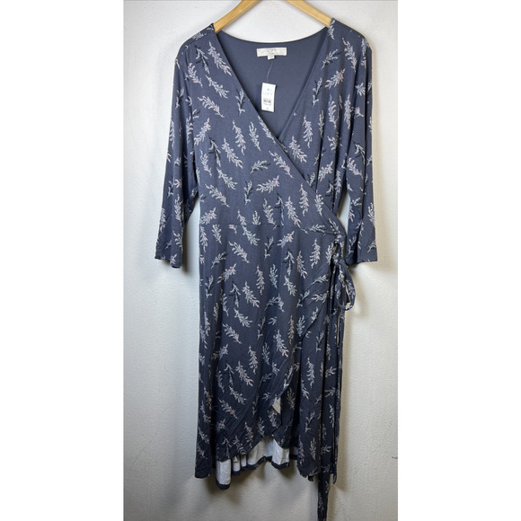 Loft Wrap Dress Women's 16 plus Tie Career gray print rayon blend knee length - Picture 2 of 10